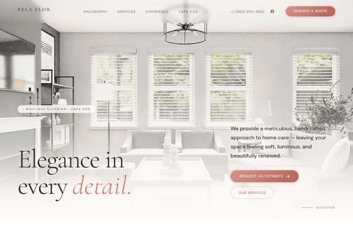 Bela Flor Cleaning homepage showing a softly lit living room with the headline Elegance in every detail.