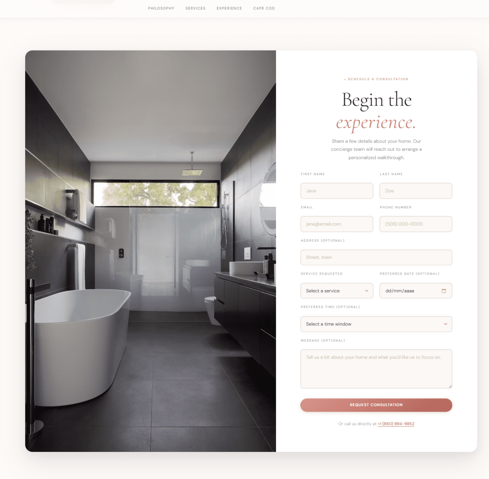 Bela Flor Cleaning consultation booking screen next to a luxury bathroom photograph.