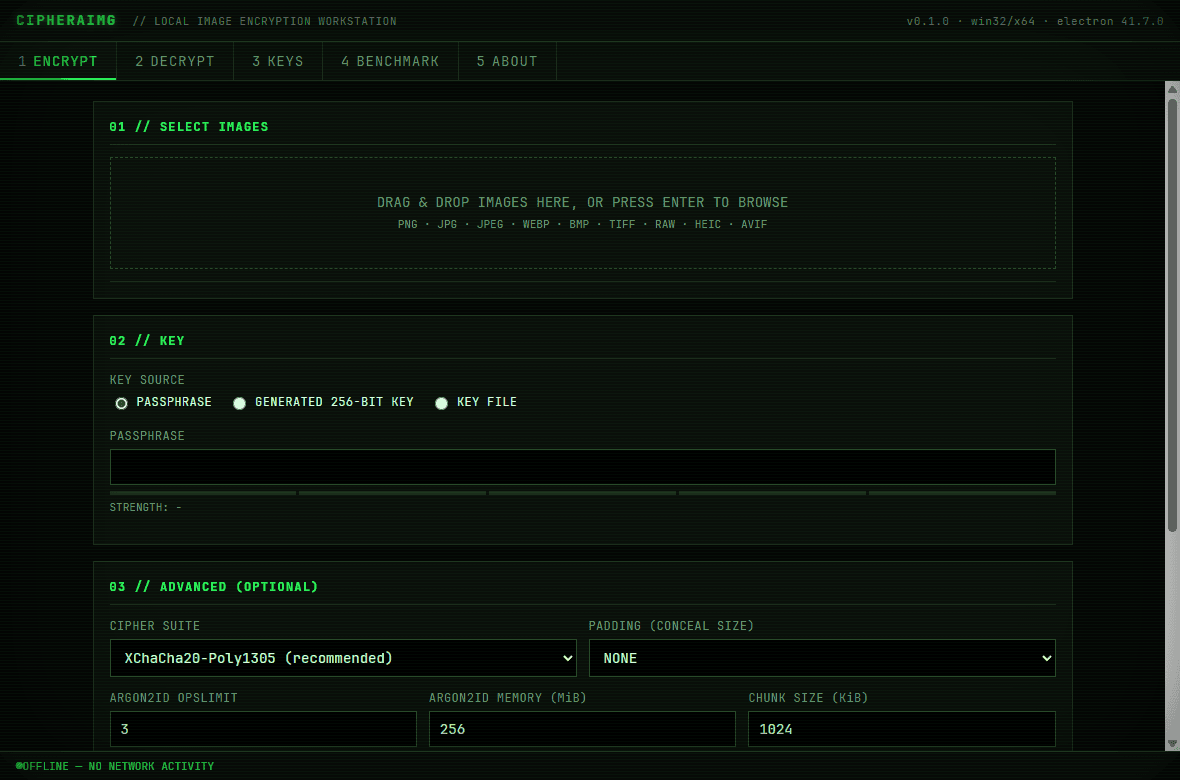 CIPHERAIMG's encrypt panel in a green-on-black terminal interface, showing a drag-and-drop zone, key source options, and Argon2id parameter fields.