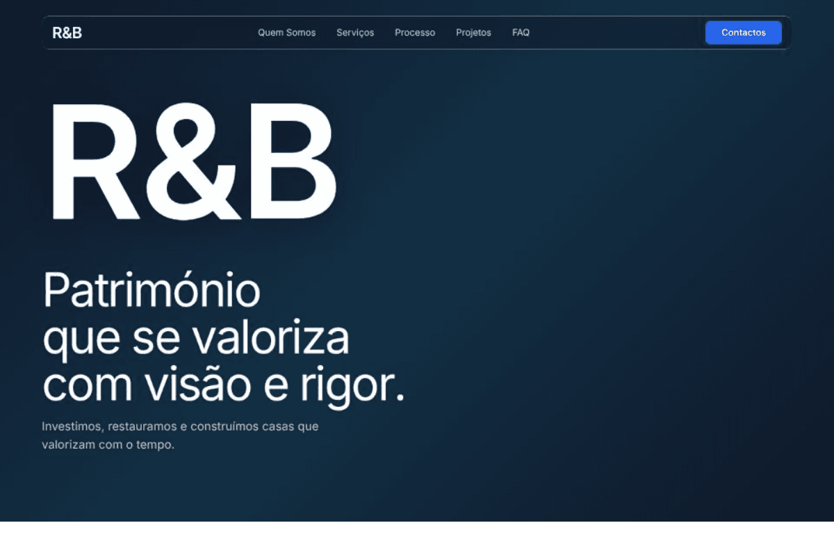 R&B Investimentos homepage with a large R&B logotype on a dark background and the headline Assets that appreciate with vision and rigor.