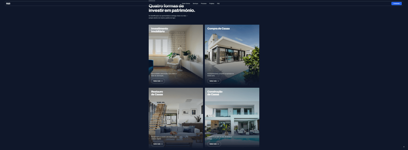 R&B Investimentos services grid showcasing the four investment offerings with property photography.