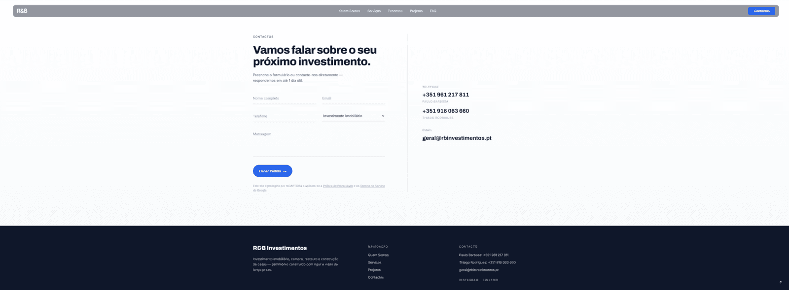 R&B Investimentos contact section and footer with brand navigation.
