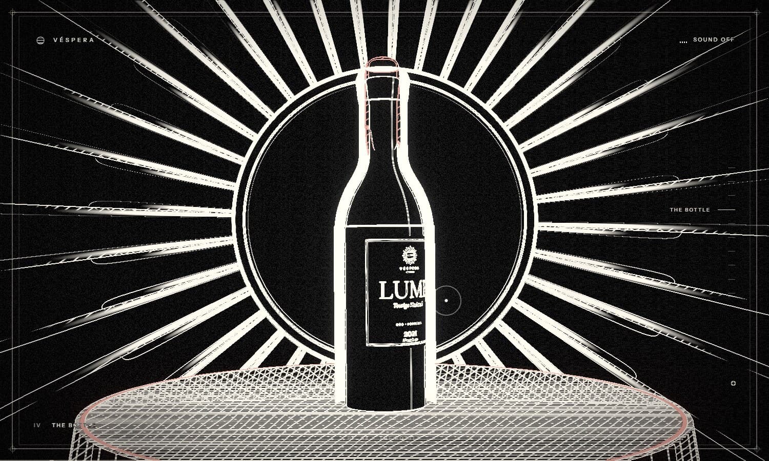 Véspera's hero moment: a black bottle of Lume 2021 on a podium, drawn in white ink lines against a sunburst, in the experience's line-art style.