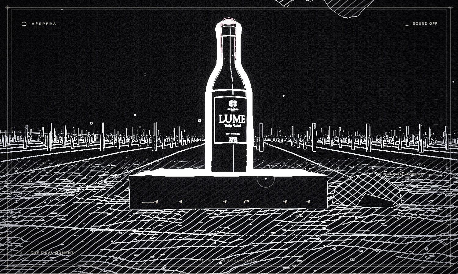The final act of Véspera: the bottle on a granite slab at night, the vineyard rows and terrain rendered as white ink hatching.