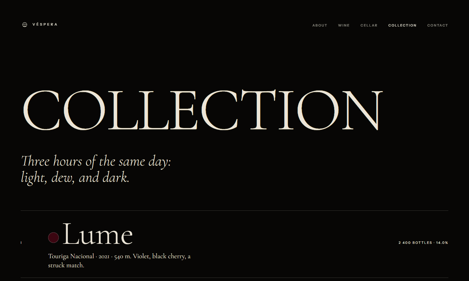 Véspera's Collection page, listing the three wines Lume, Sereno and Breu in large serif type on black.