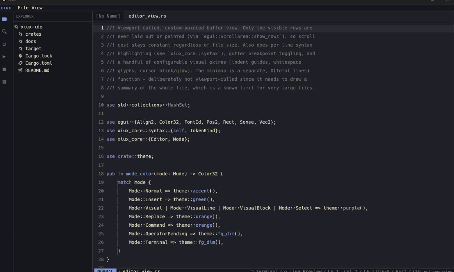 xiux IDE showing its file explorer sidebar and a Rust source file with live syntax highlighting for keywords, types, and functions.