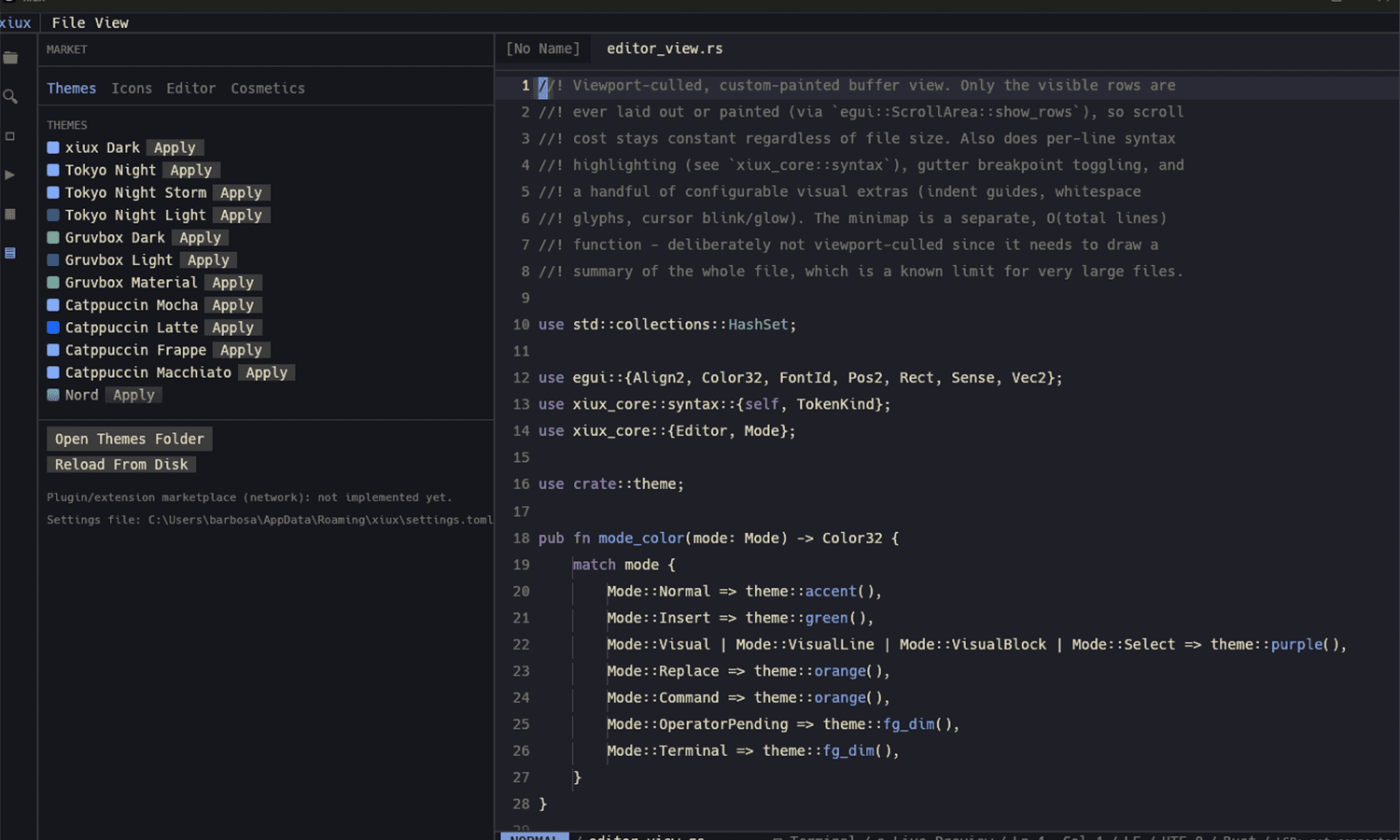 The xiux Marketplace panel showing a scrollable gallery of over fifty built-in color themes with live Apply buttons.