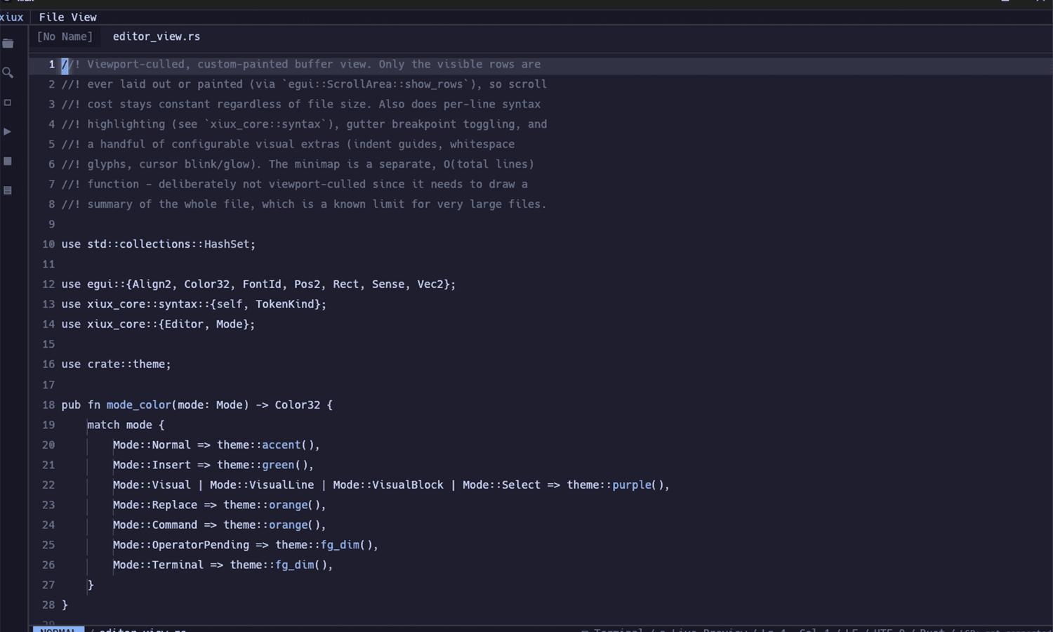 The xiux editor with a different built-in theme applied, showing the same Rust code re-colored instantly.