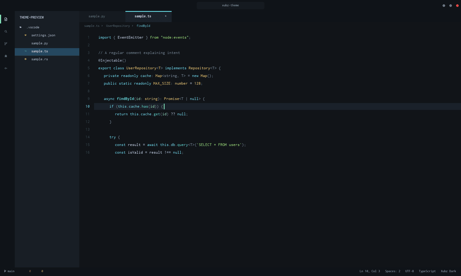 Xubz Dark theme applied in VS Code, showing syntax-highlighted TypeScript with cyan keywords, green functions, and gold classes.