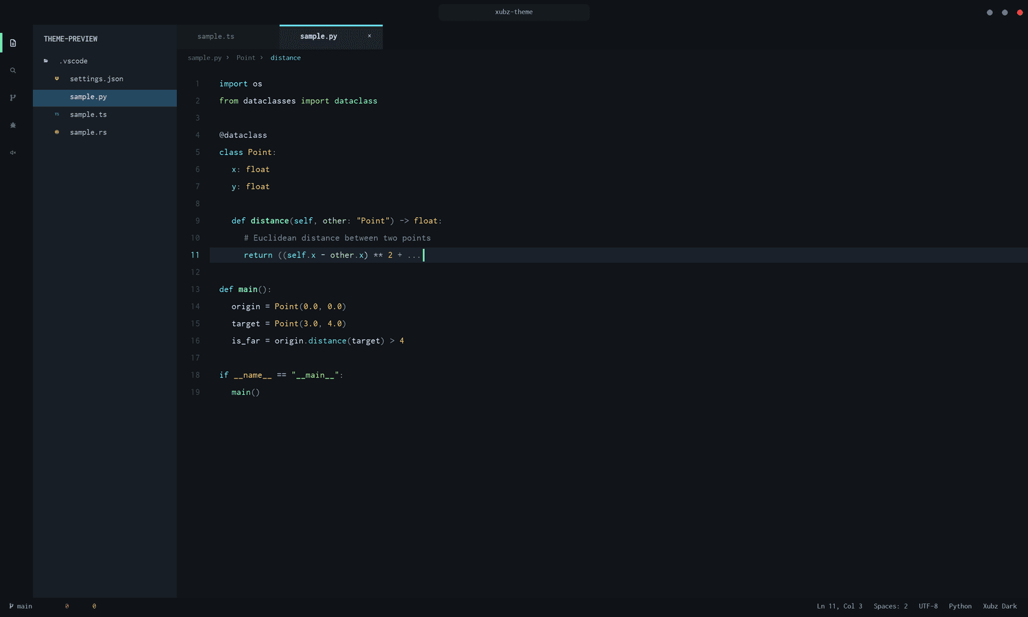 Xubz Dark theme applied to a Python file, showing decorators, dataclasses, and comments.
