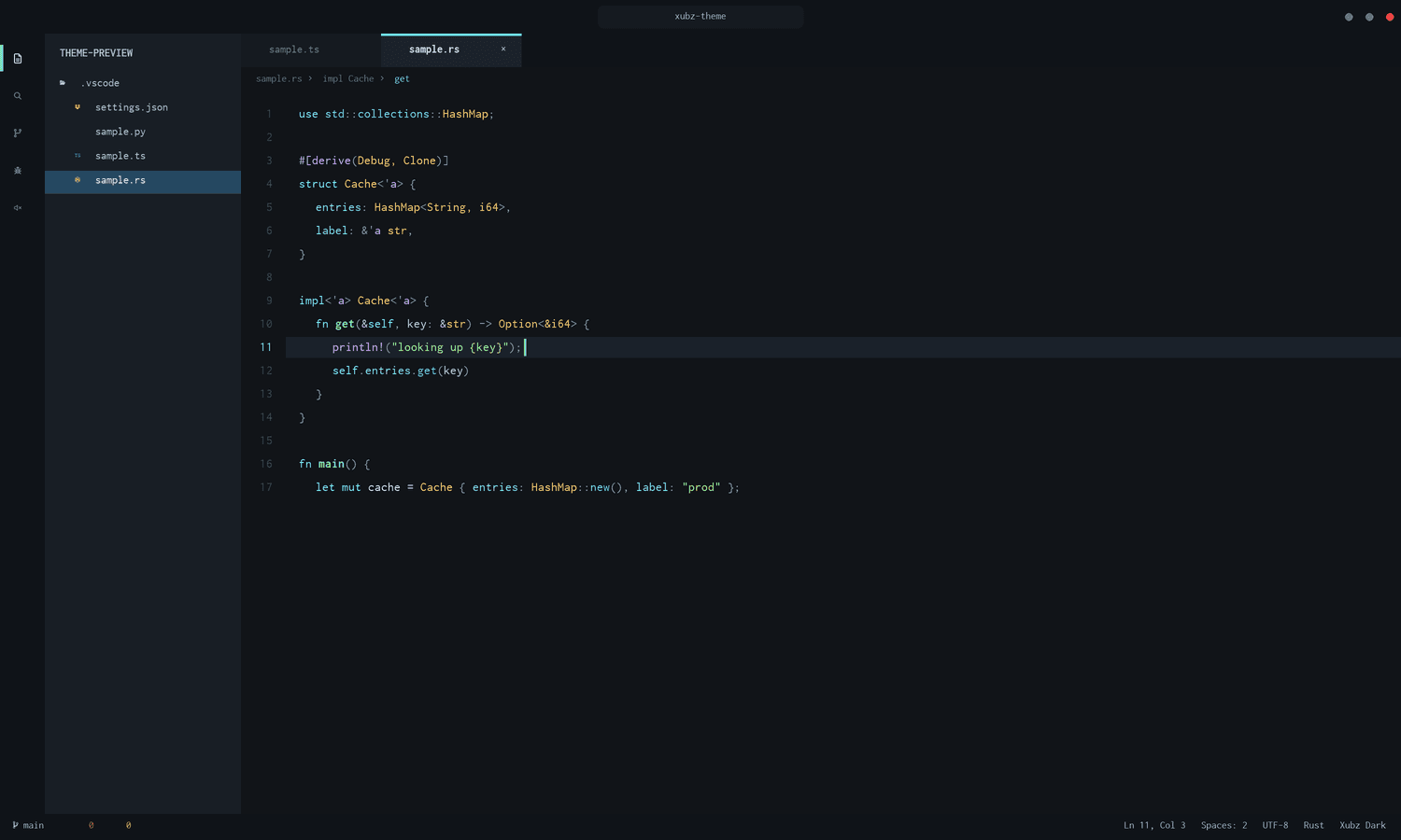 Xubz Dark theme applied to a Rust file, showing macros, lifetimes, and structs.