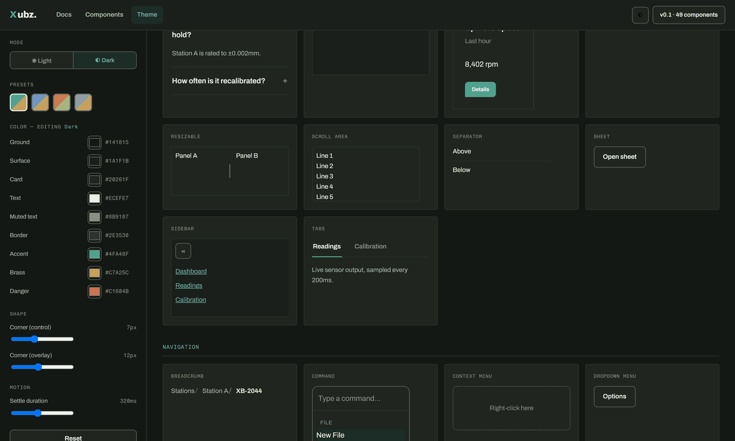 The Xubz UI theme editor showing a full color and shape customization panel beside a live grid of components - accordions, tabs, cards, and menus - updating in real time.