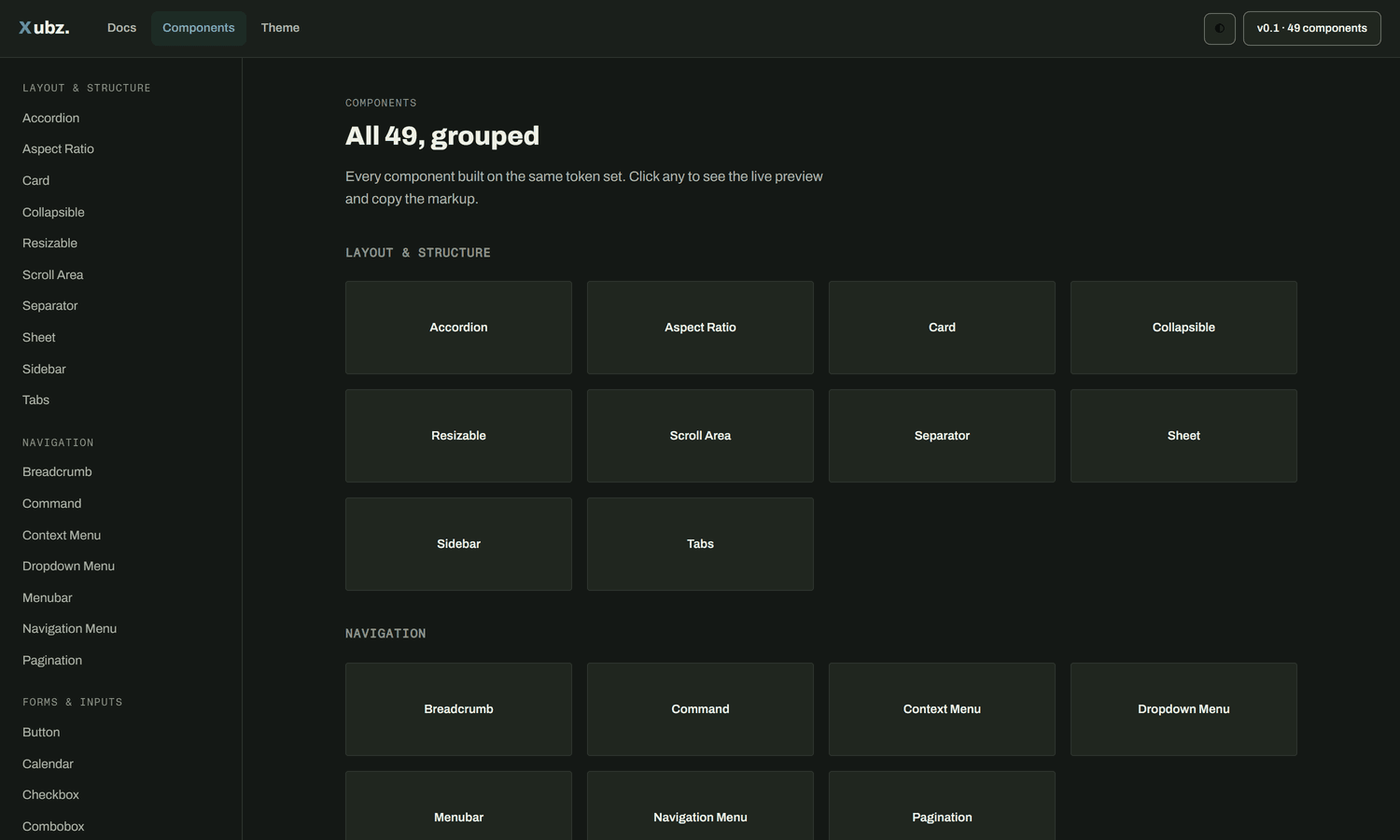 The full Xubz UI component catalog page, showing all 49 components grouped into categories like Layout & Structure and Navigation in a dark-mode sidebar layout.