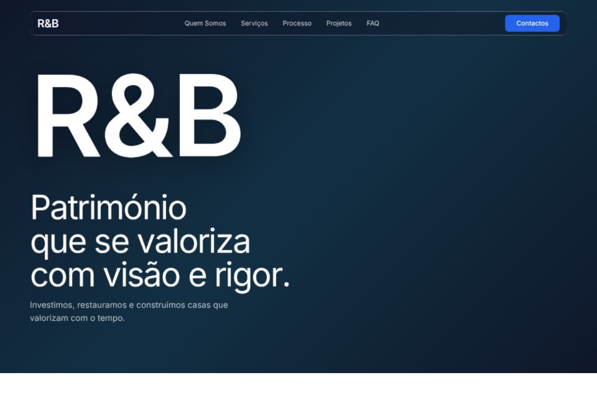 R&B Investimentos homepage with a large R&B logotype on a dark background and the headline Assets that appreciate with vision and rigor.