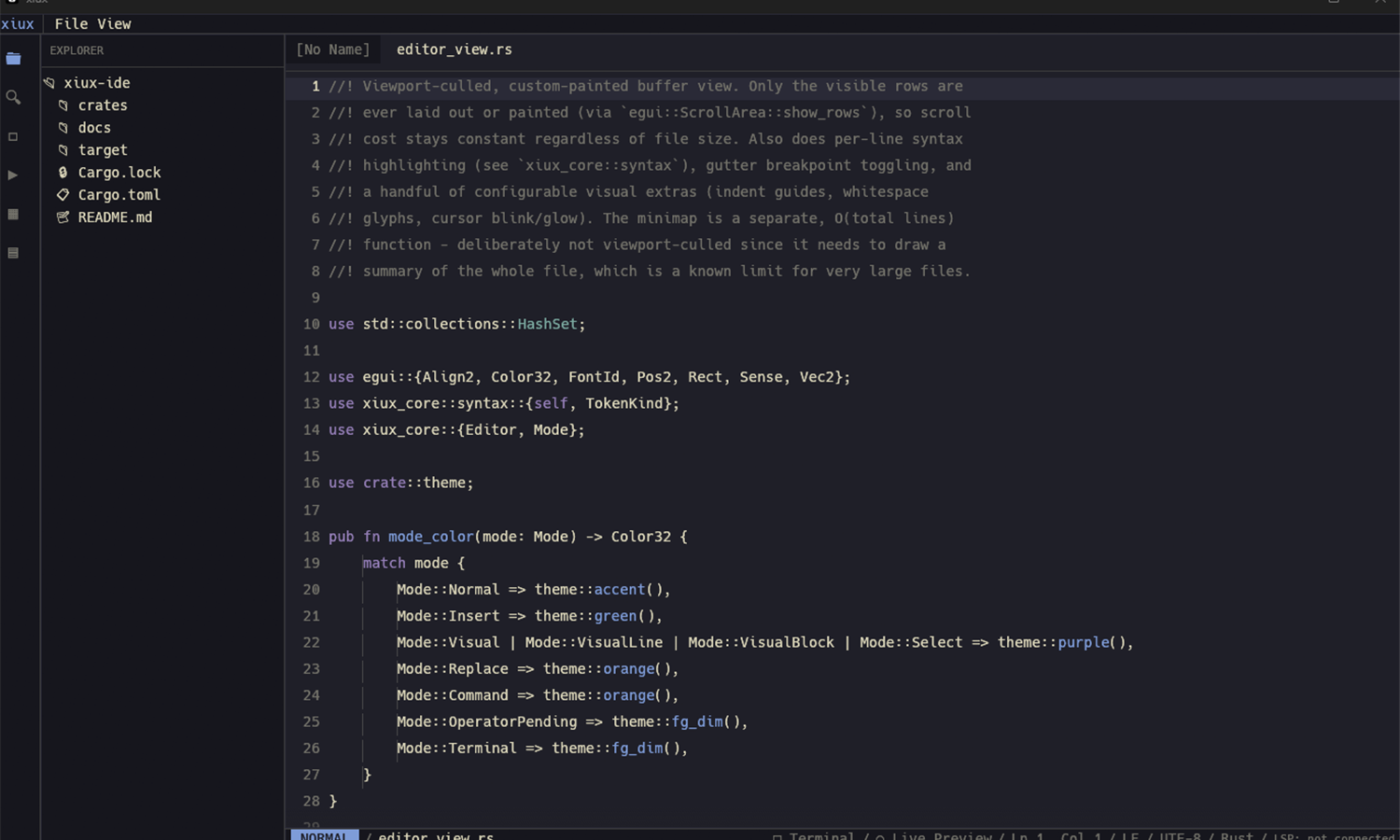 xiux IDE showing its file explorer sidebar and a Rust source file with live syntax highlighting for keywords, types, and functions.